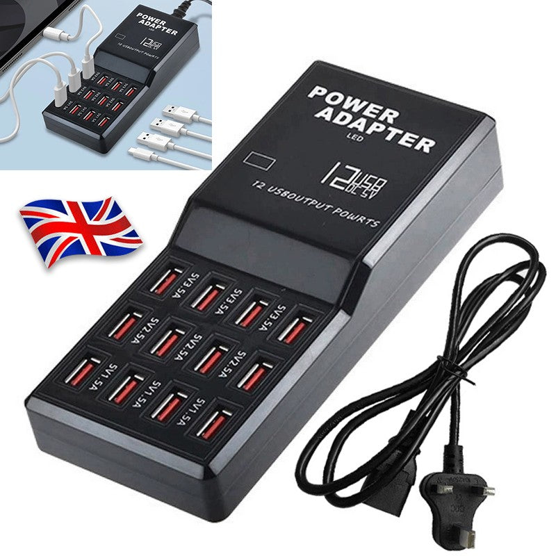 60W Multi Port USB Charging Station with 12 USB ports for charging compatible smartphones, tablets, and USB-powered devices