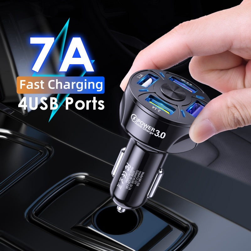 Fast Charge Car Charger with four USB charging ports for compatible smartphones and USB-powered devices