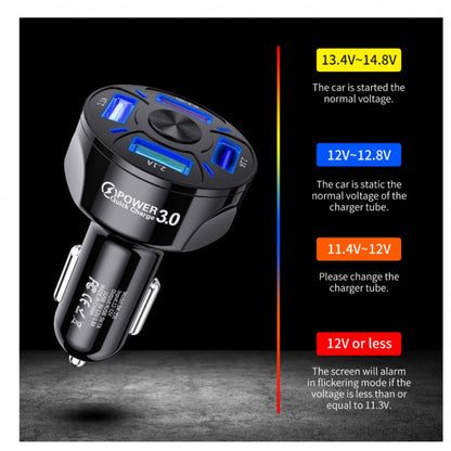 Fast Charge Car Charger with four USB charging ports for compatible smartphones and USB-powered devices