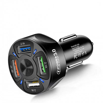 Fast Charge Car Charger with four USB charging ports for compatible smartphones and USB-powered devices