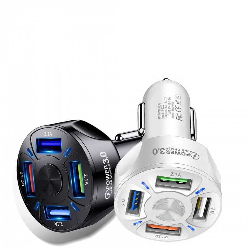 Fast Charge Car Charger with four USB charging ports for compatible smartphones and USB-powered devices