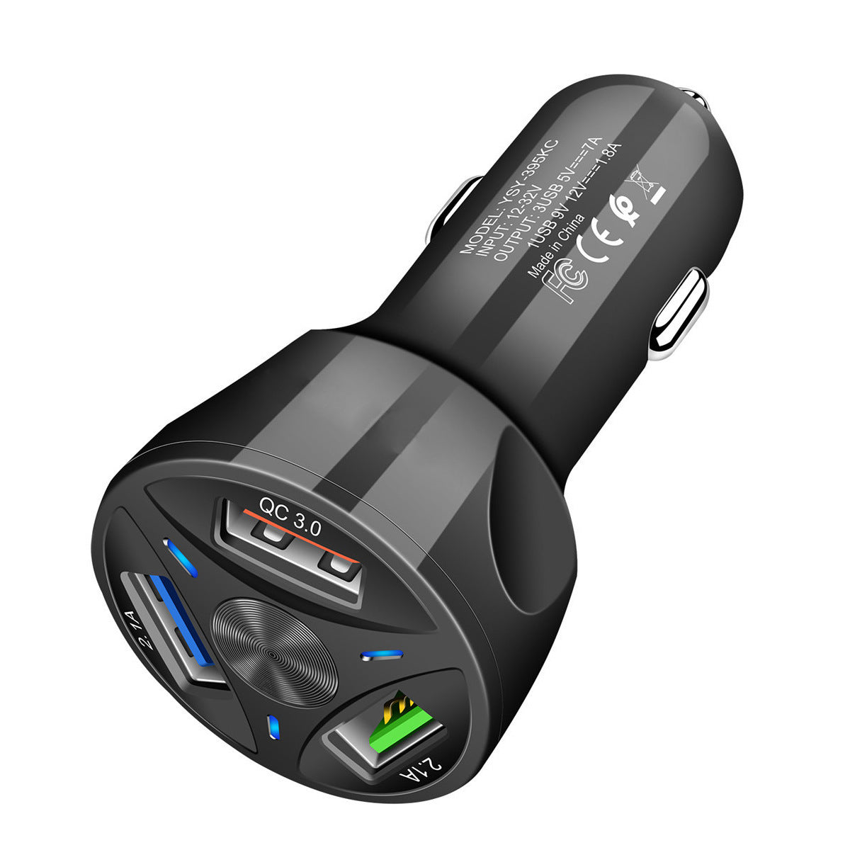 Fast Charge Car Charger with four USB charging ports for compatible smartphones and USB-powered devices