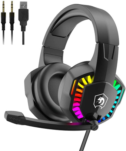 Wired Gaming Headset with Rainbow RGB lighting, retractable microphone, and stereo sound for compatible gaming devices