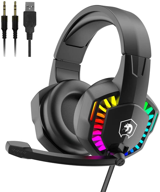Wired Gaming Headset with Rainbow RGB lighting, retractable microphone, and stereo sound for compatible gaming devices