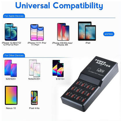 60W Multi Port USB Charging Station with 12 USB ports for charging compatible smartphones, tablets, and USB-powered devices