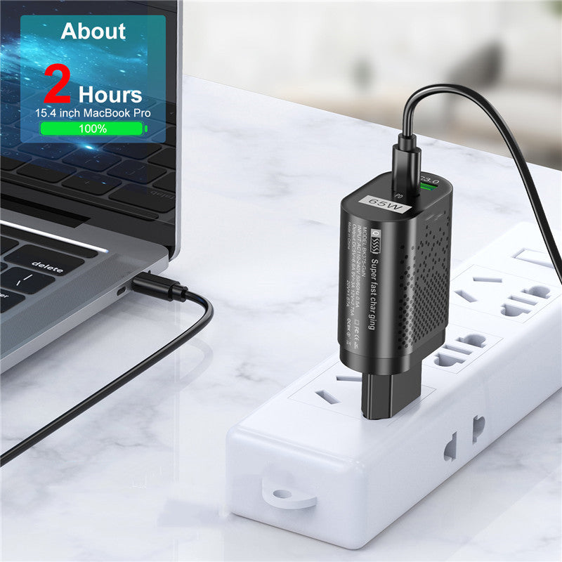 65W GaN Charger with USB Power Delivery fast charging for compatible smartphones, tablets, and laptops