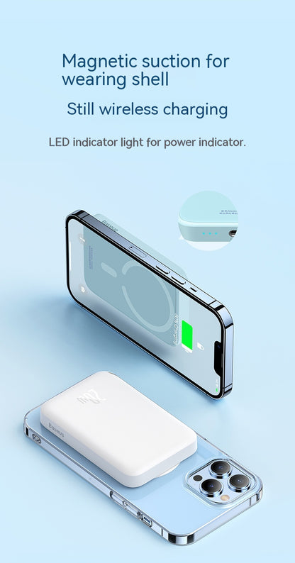 Magnetic Wireless Power Bank with up to 20W fast charging and magnetic wireless charging for compatible smartphones