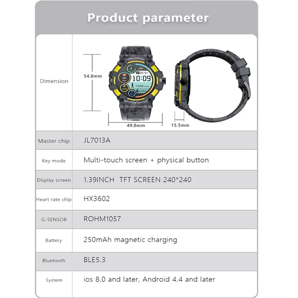 GPS Sports Smartwatch with 1.39-inch TFT display, Bluetooth 5.3, GPS tracking, LED features, and sports modes