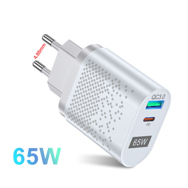 65W GaN Charger with USB Power Delivery fast charging for compatible smartphones, tablets, and laptops