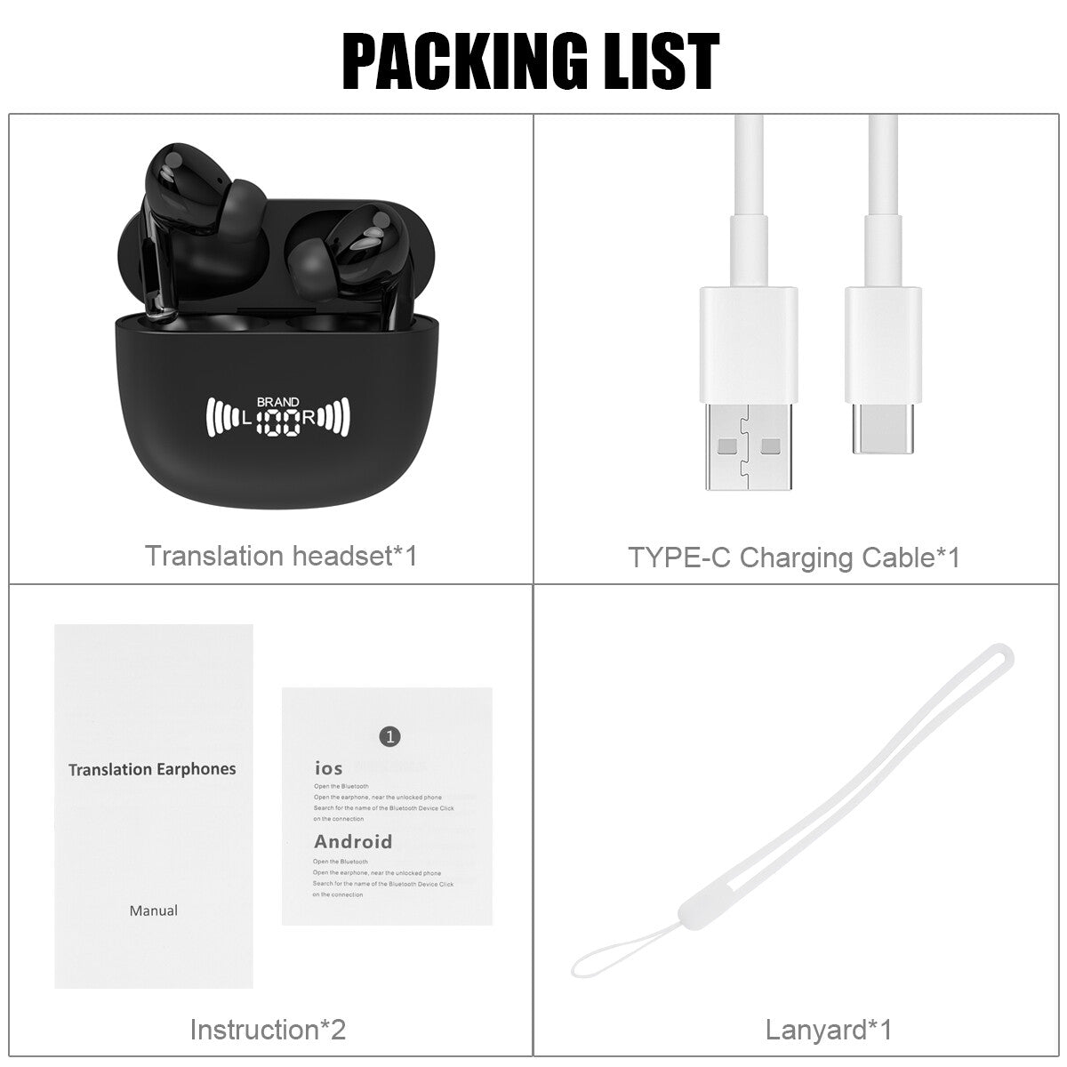 Translator Earbuds with Bluetooth 5.3, two-way translation support, wireless audio, and charging case