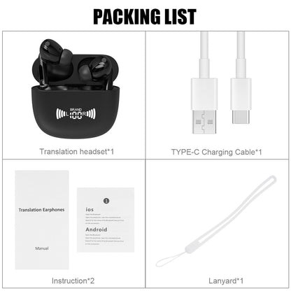 Translator Earbuds with Bluetooth 5.3, two-way translation support, wireless audio, and charging case