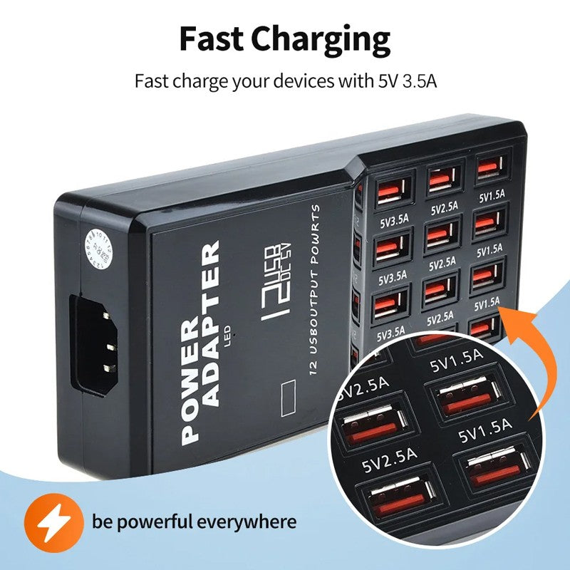 60W Multi Port USB Charging Station with 12 USB ports for charging compatible smartphones, tablets, and USB-powered devices