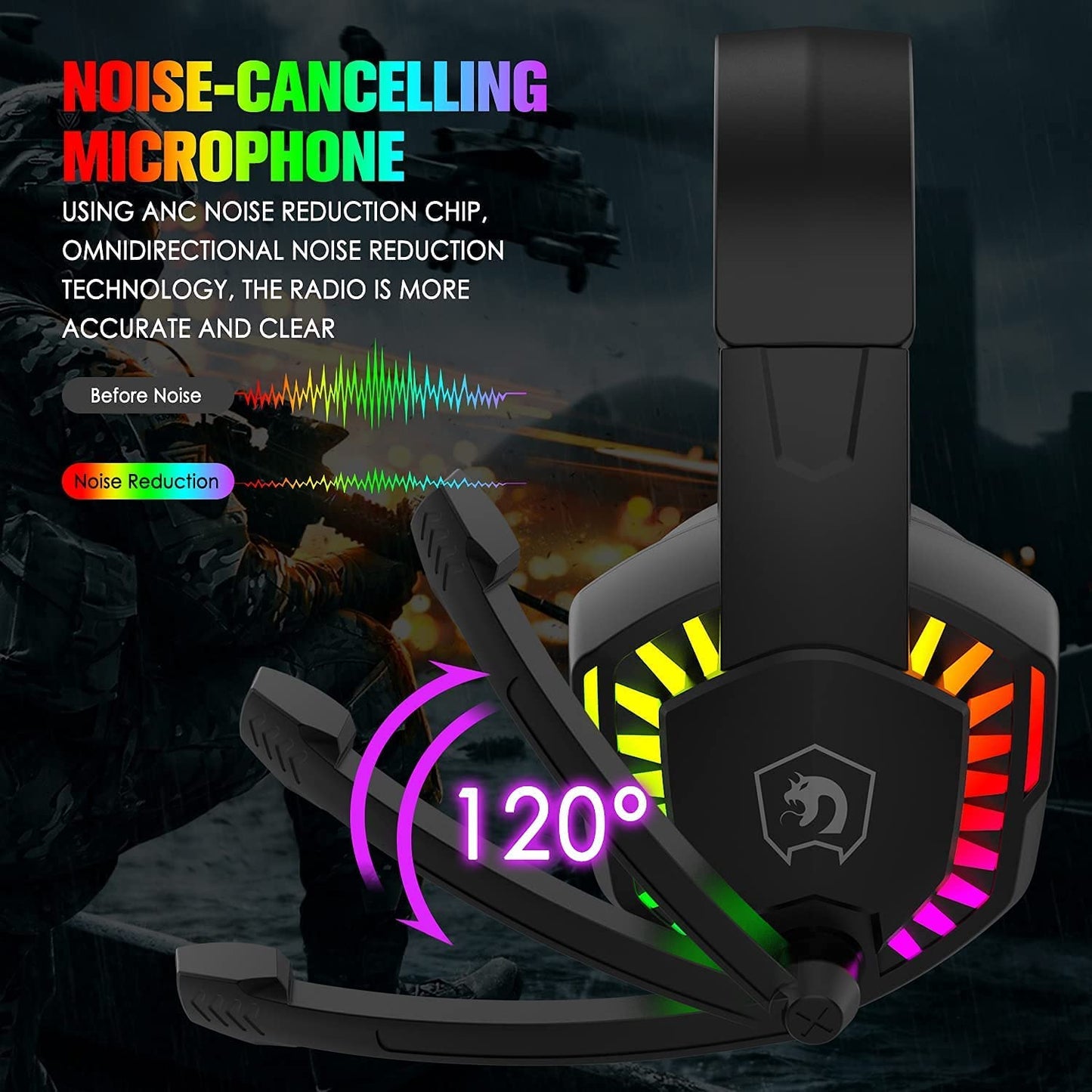 Wired Gaming Headset with Rainbow RGB lighting, retractable microphone, and stereo sound for compatible gaming devices