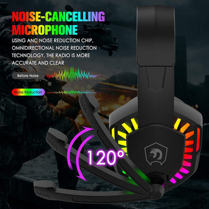 Wired Gaming Headset with Rainbow RGB lighting, retractable microphone, and stereo sound for compatible gaming devices