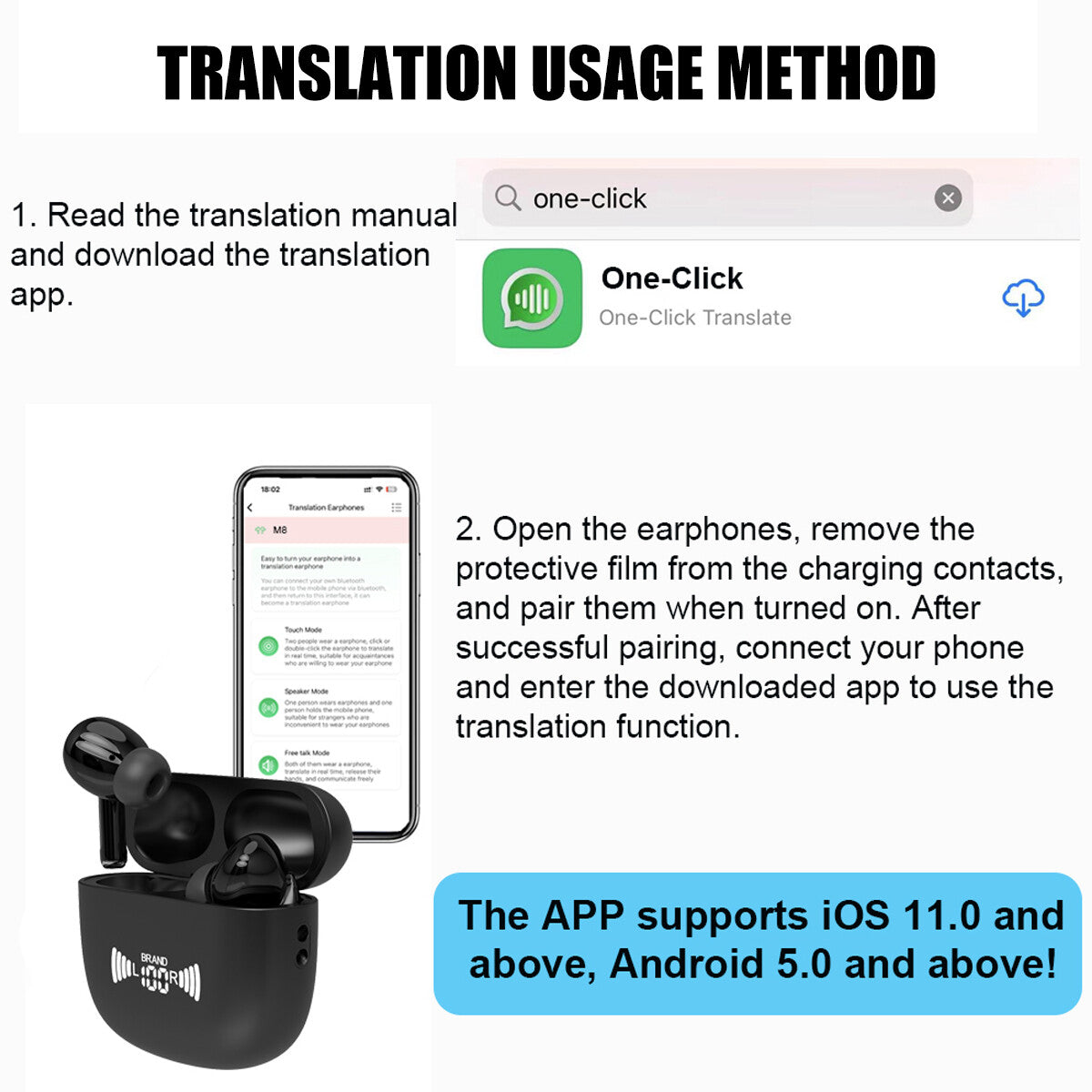 Translator Earbuds with Bluetooth 5.3, two-way translation support, wireless audio, and charging case