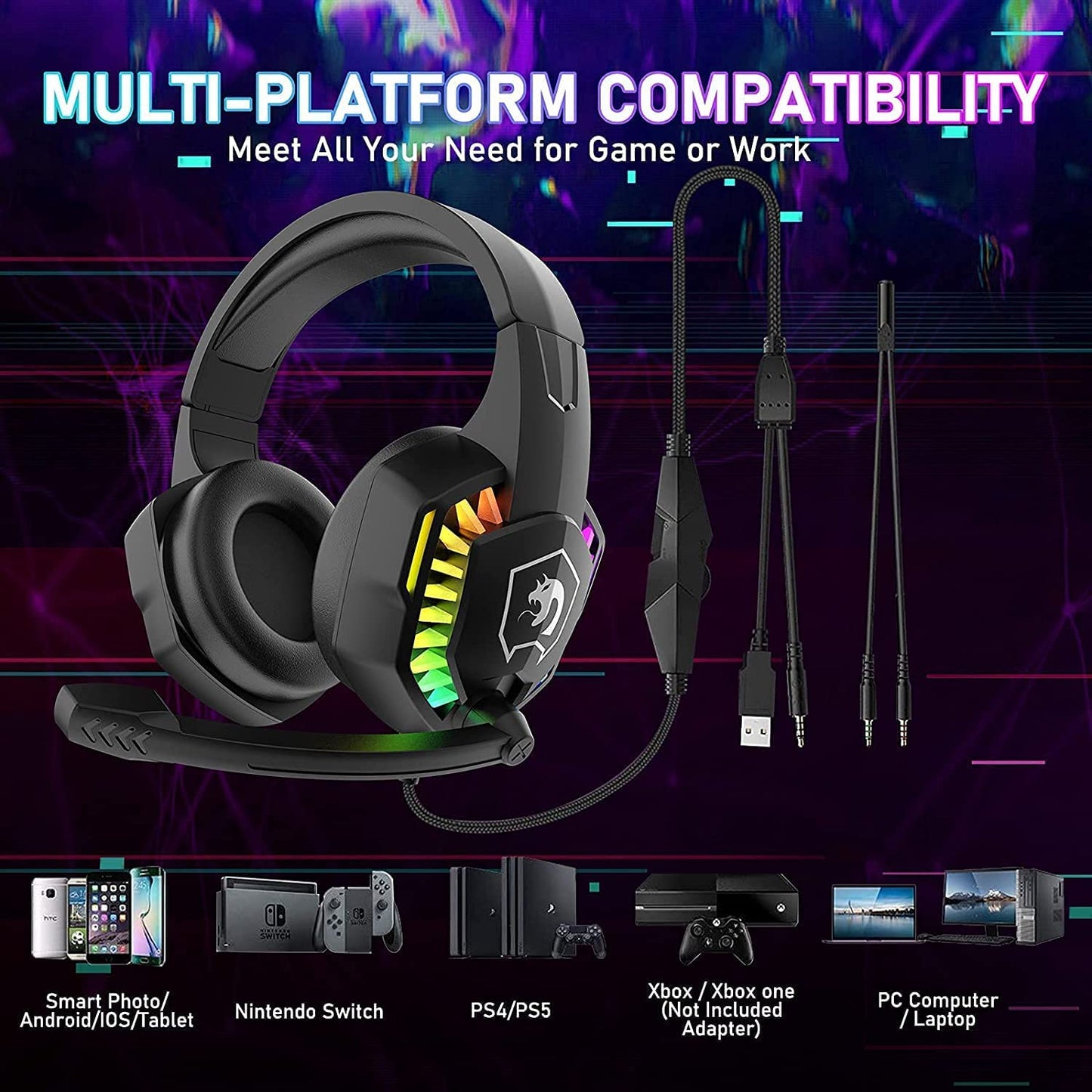 Wired Gaming Headset with Rainbow RGB lighting, retractable microphone, and stereo sound for compatible gaming devices