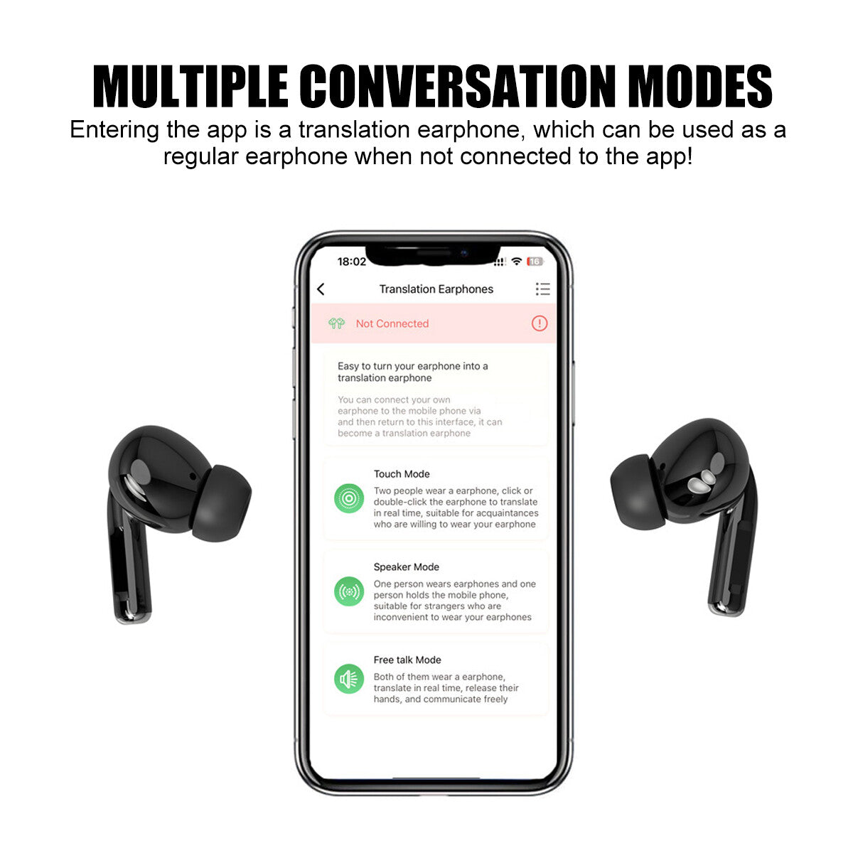 Translator Earbuds with Bluetooth 5.3, two-way translation support, wireless audio, and charging case