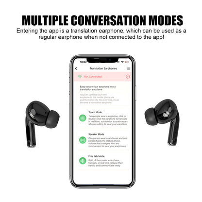 Translator Earbuds with Bluetooth 5.3, two-way translation support, wireless audio, and charging case