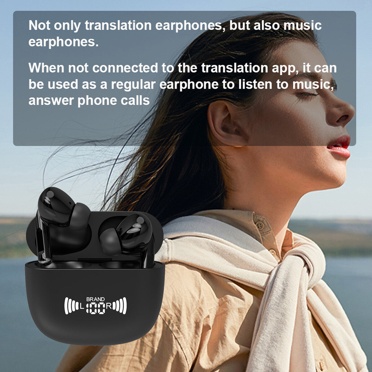 Translator Earbuds with Bluetooth 5.3, two-way translation support, wireless audio, and charging case