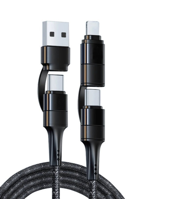 60W Multi-Head Charging Cable with USB-C, Lightning, and Micro USB connectors for compatible devices