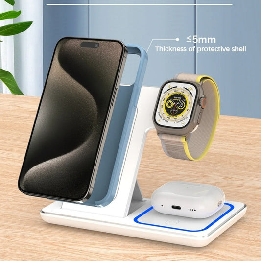 3-in-1 Wireless Charger Stand with 15W wireless charging, foldable design, and LED charging indicator