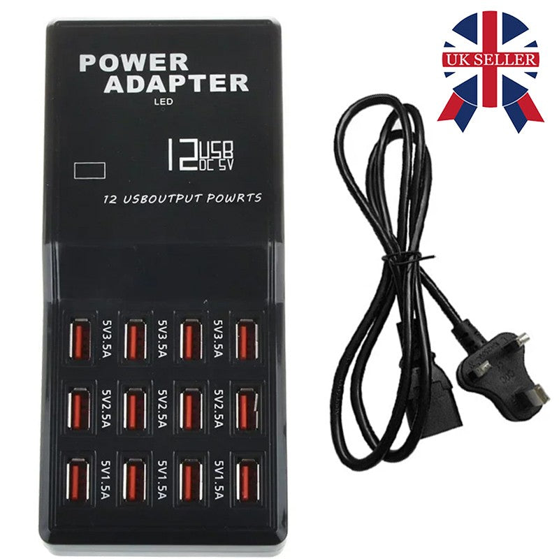 60W Multi Port USB Charging Station with 12 USB ports for charging compatible smartphones, tablets, and USB-powered devices