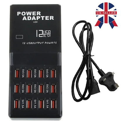 60W Multi Port USB Charging Station with 12 USB ports for charging compatible smartphones, tablets, and USB-powered devices