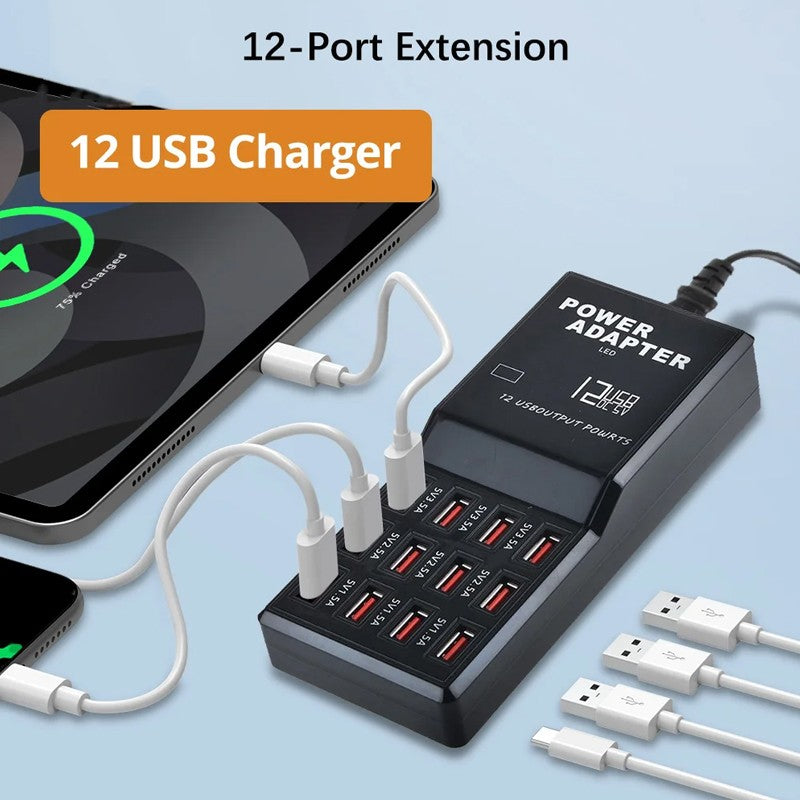 60W Multi Port USB Charging Station with 12 USB ports for charging compatible smartphones, tablets, and USB-powered devices
