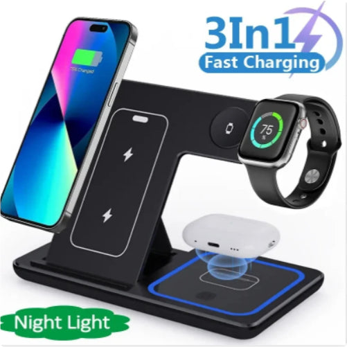 3-in-1 Wireless Charger Stand with 15W wireless charging, foldable design, and LED charging indicator