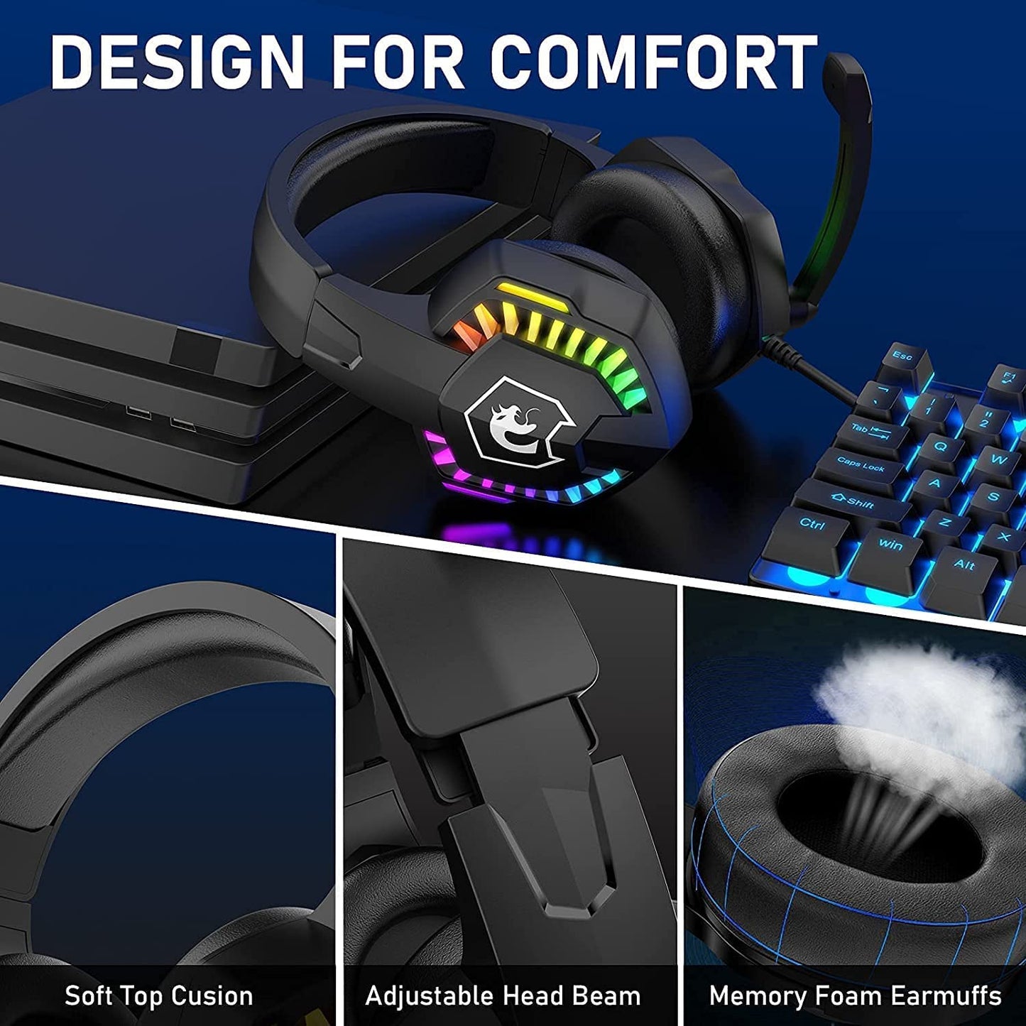 Wired Gaming Headset with Rainbow RGB lighting, retractable microphone, and stereo sound for compatible gaming devices