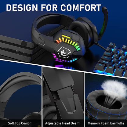 Wired Gaming Headset with Rainbow RGB lighting, retractable microphone, and stereo sound for compatible gaming devices