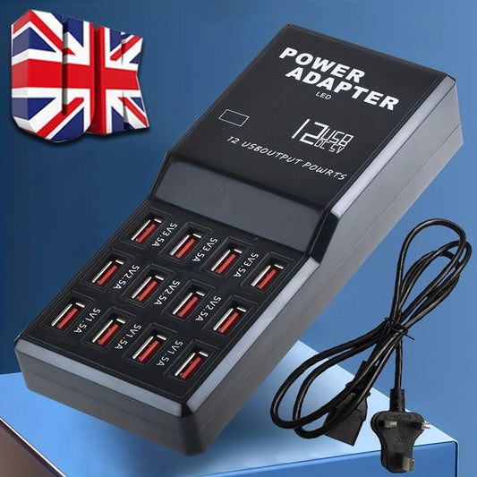 60W Multi Port USB Charging Station with 12 USB ports for charging compatible smartphones, tablets, and USB-powered devices