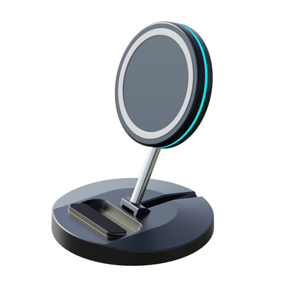 3-in-1 Magnetic Wireless Charger with foldable charging stand for compatible smartphones, earbuds, and smartwatches