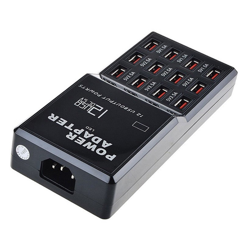 60W Multi Port USB Charging Station with 12 USB ports for charging compatible smartphones, tablets, and USB-powered devices