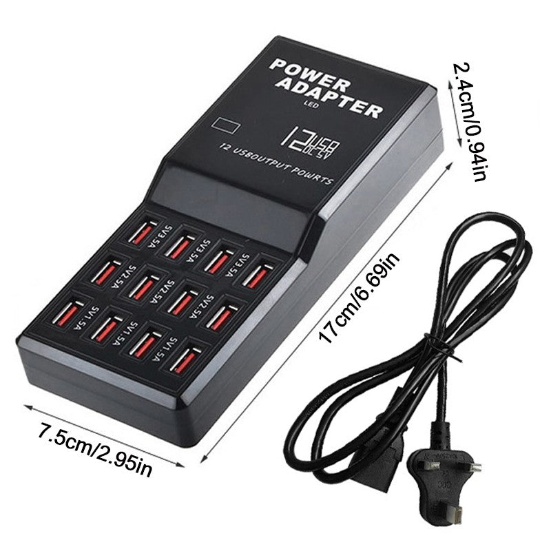60W Multi Port USB Charging Station with 12 USB ports for charging compatible smartphones, tablets, and USB-powered devices