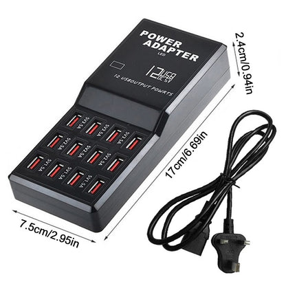 60W Multi Port USB Charging Station with 12 USB ports for charging compatible smartphones, tablets, and USB-powered devices
